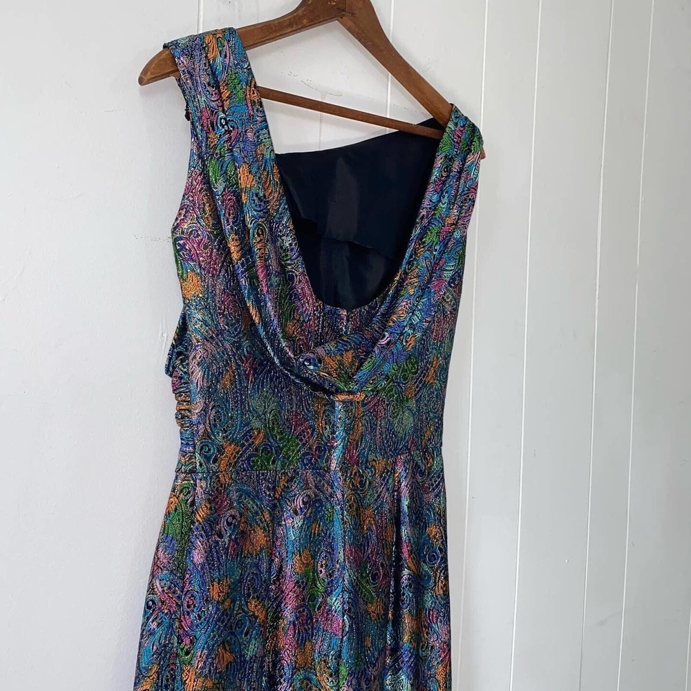 Vintage 1950s Jacquard Metallic Lamé Bombshell Evening Gown Low Back Asymmetric